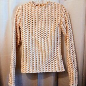 Vintage Crochet Lace Dressy Pullover Knit top XXS Ivory Camel long sleeve blouse